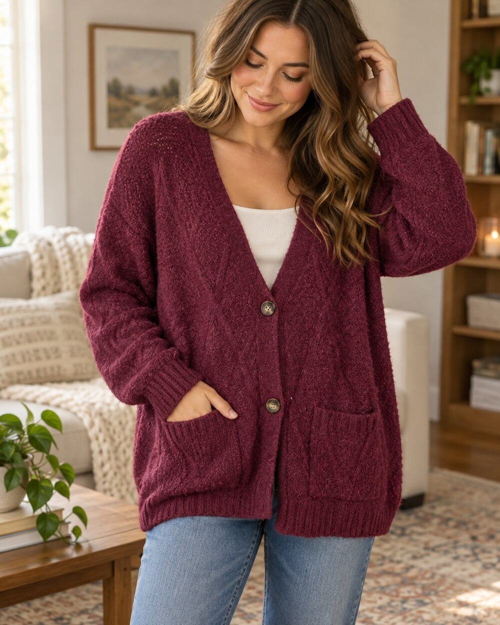 Tulip B Burgundy Oversized Cardigan Sweater M/L NWT Button Front Pockets